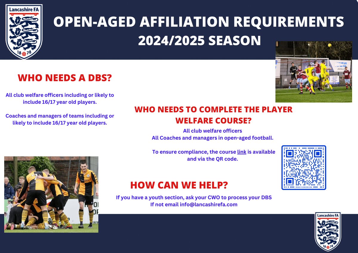 ❗️From the 2024/25 season, all club welfare officers, coaches and managers involved in open-aged football will 𝗻𝗲𝗲𝗱 to complete the 𝗣𝗹𝗮𝘆𝗲𝗿 𝗪𝗲𝗹𝗳𝗮𝗿𝗲 𝗖𝗼𝘂𝗿𝘀𝗲 in order to affiliate. Access the free of charge online course here ➡️ shorturl.at/vP567