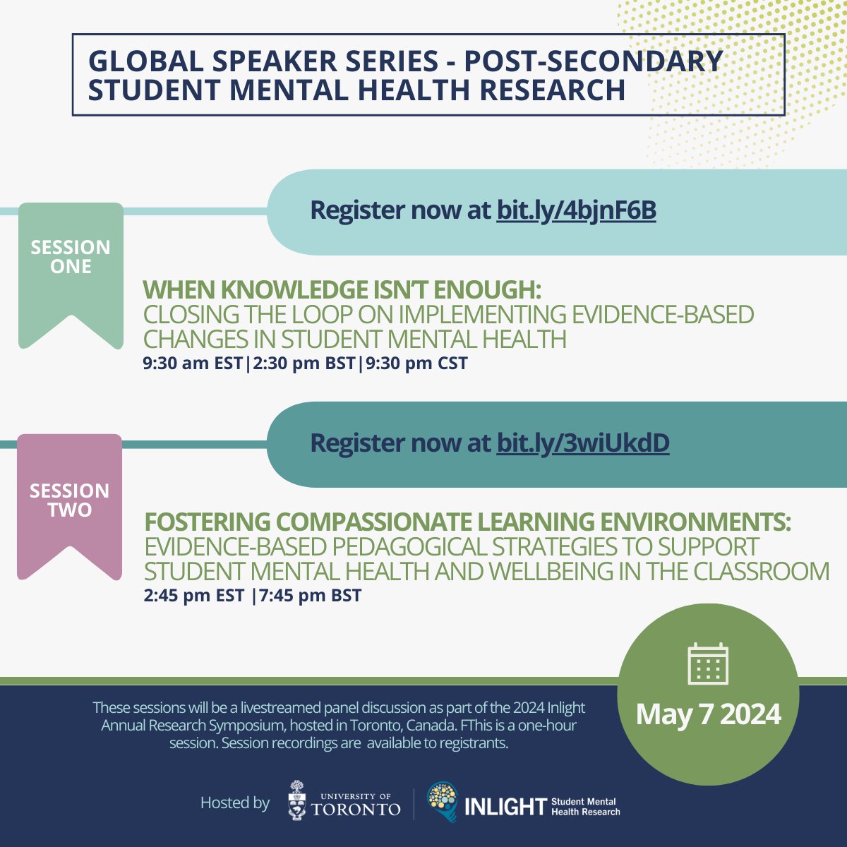 📢The #GlobalSpeakerSeries returns on May 7 for a special two part series during #MentalHealthWeek! Join #UofT researchers + knowledge users for two panel discussions on the latest in #studentmentalhealth research.

Register for each session below or at smhr.utoronto.ca/global-researc…