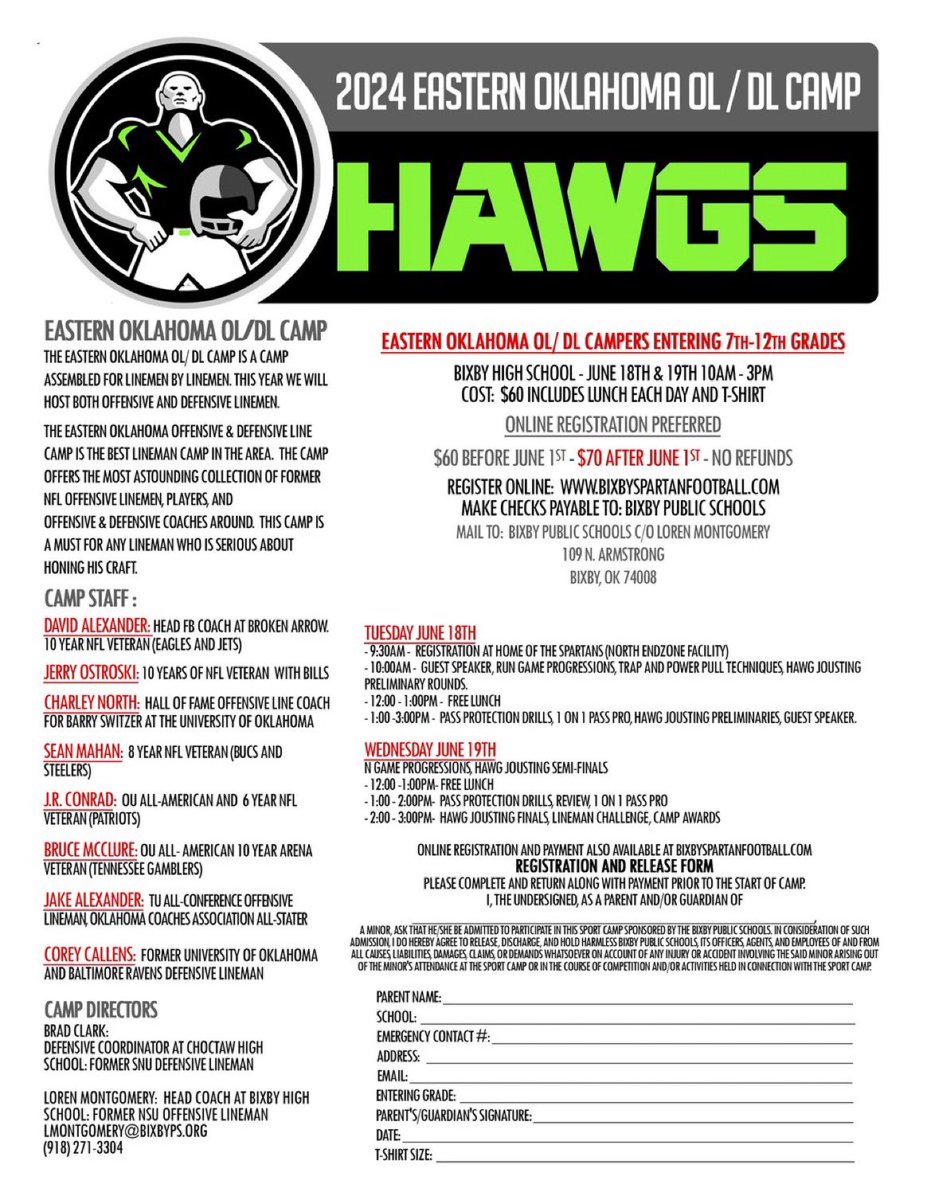 E. OK OL/DL Camp (@eokoldlcamp) on Twitter photo 📢Calling ALL OL/DL 7th-12th Grade📢
🚨Official <a href="/EOKOLDLCAMP/">E. OK OL/DL Camp</a> Dates🚨
🏈Fully Padded OL/DL Camp🏈
⭐️All Individuals & Teams Welcome⭐️
🏟️<a href="/BixbySpartanFB/">BixbySpartanFootball</a> Bixby, Oklahoma
📆June 18-19, 2024 9am-3pm
💻⬇️ Register Now, Right Here⬇️💻
bixbyps.store.rankone.com/eastern-oklaho… 📢Calling ALL OL/DL 7th-12th Grade📢
🚨Official <a href="/EOKOLDLCAMP/">E. OK OL/DL Camp</a> Dates🚨
🏈Fully Padded OL/DL Camp🏈
⭐️All Individuals & Teams Welcome⭐️
🏟️<a href="/BixbySpartanFB/">BixbySpartanFootball</a> Bixby, Oklahoma
📆June 18-19, 2024 9am-3pm
💻⬇️ Register Now, Right Here⬇️💻
bixbyps.store.rankone.com/eastern-oklaho…