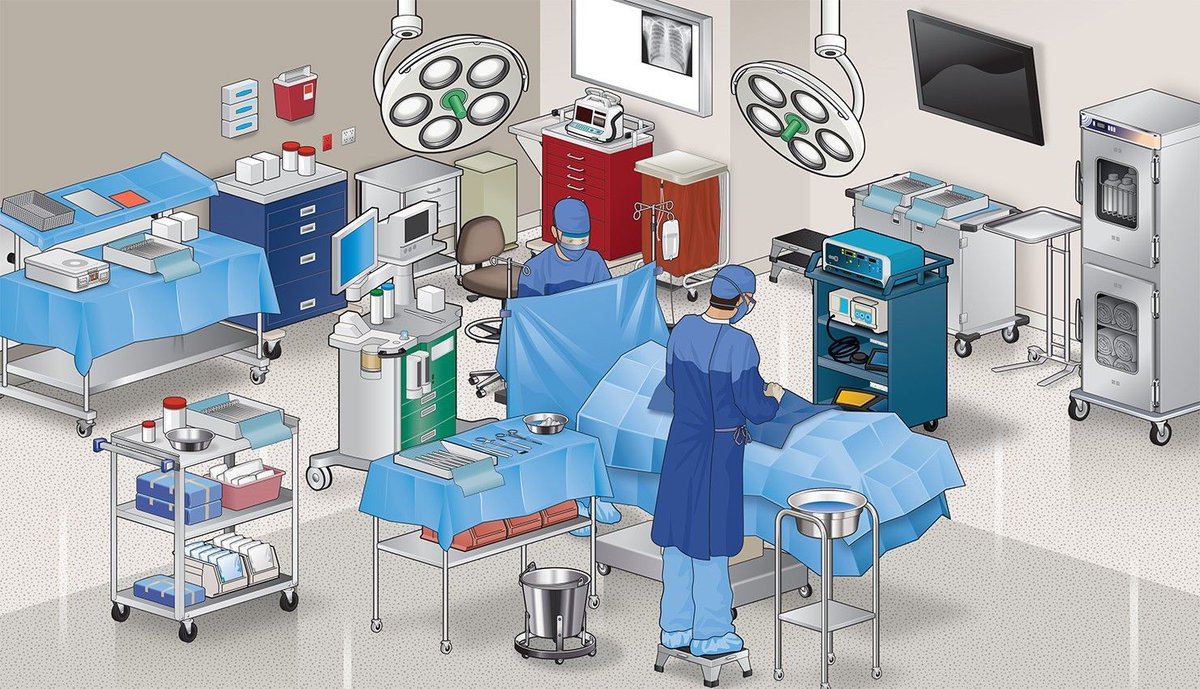 Vector illustration of an overhead view of an operating room by Kopp Illustration. Explore more work by Kopp Illustration: buff.ly/3f3JIDa #operatingroom #surgery #medicalequipment #vectorillustration #vectorart #medical #illustration #medicalillustration #3D #sciart