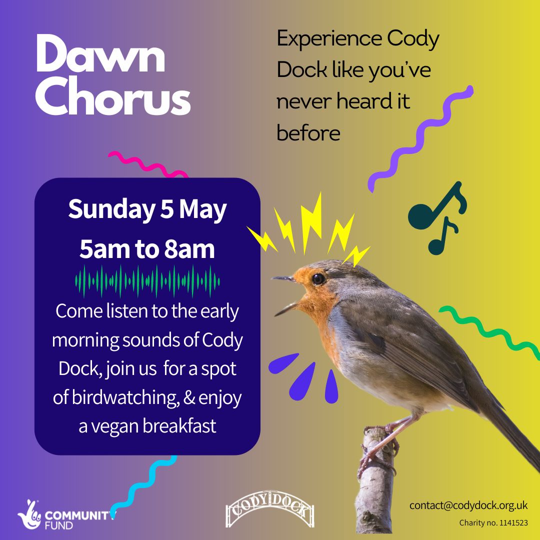 Calling all early birds!! 

Join us for a celebration of International Dawn Chorus Day on 5 May from 5am to 8am. 

codydock.org.uk/dawn-chorus-20…

#birdwatching #DawnChorus #VeganBreakfast #UrbanEcology