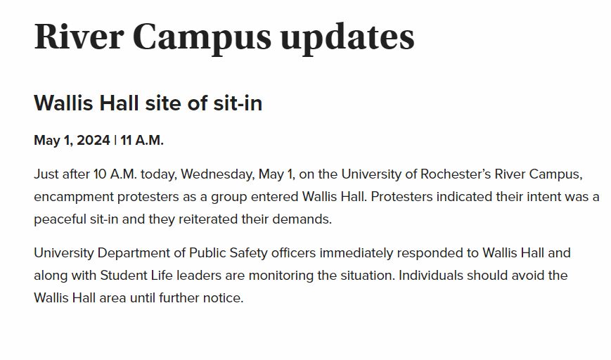 Developing: Students/Staff warned to avoid Wallis Hall at the @UofR as protestors have made their way inside. See the alert sent out below: @news10nbc