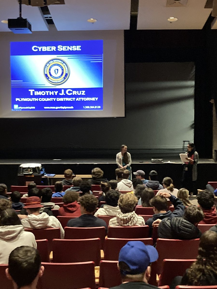 Assistant District Attorney Amanda Fowle was welcomed by Assistant Principal Vanessa Harvey for CyberSense presentations yesterday and today to students at Old Rochester Regional Senior High School.