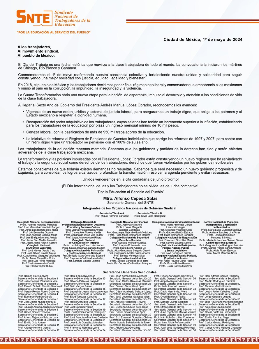 #TodosSomosUno
#UnoSomosTodos

🇲🇽En un ejercicio de conciencia colectiva este #1deMayo, el #SNTE se une a la conmemoración del #DíaDelTrabajo 👩🏻‍🏫👨🏽‍💼👷

Reafirmando su lucha por una sociedad más justa, con equidad, legalidad y bienestar. 🚩🛠️💼

acortar.link/mWFWmp