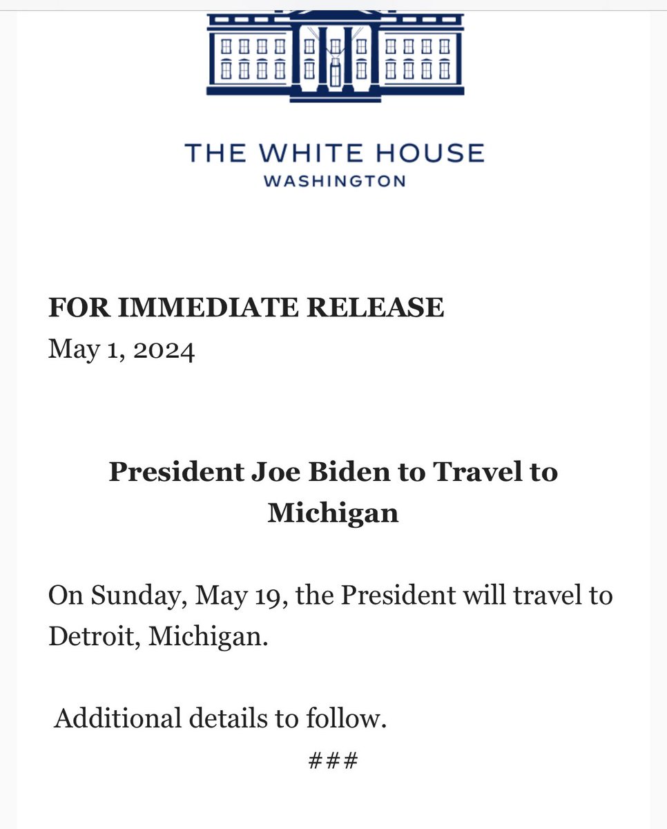 Just in — Biden to visit Detroit on Sunday May 19. This could be interesting. The “Uncommitted” line in the Democratic primary in Michigan got more than 100,000 votes, about 13 percent of all votes cast.