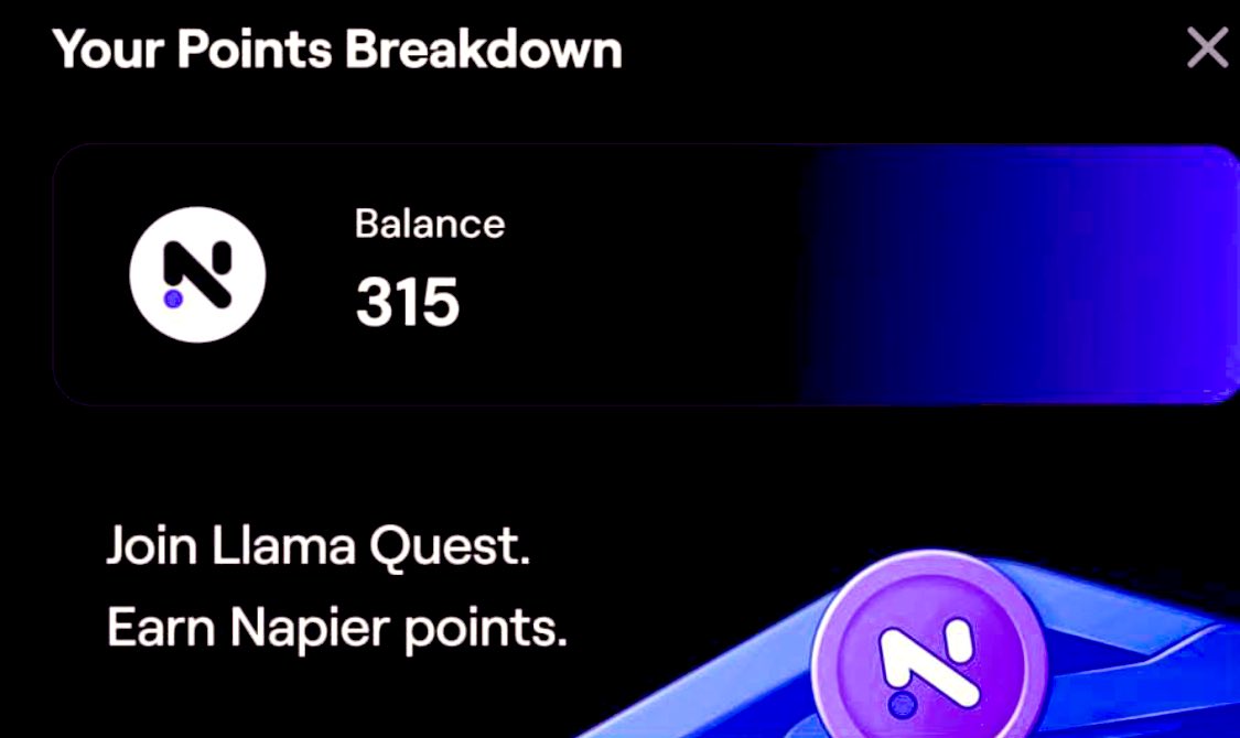 Airdrop confirmed by Napier Finance 💵

🔹 Go to: app.napier.finance/quests/YwQ20
🔹 Connect your wallet
🔹 Click on 'Quests' then 'Launch Llama Quest' 
🔹 Connect X
🔹 Click 'Next Step'
🔹 Click 'Share'
🔹 Click on 'Llama Race' to get ref link

Quest 2 will be live soon! 👀