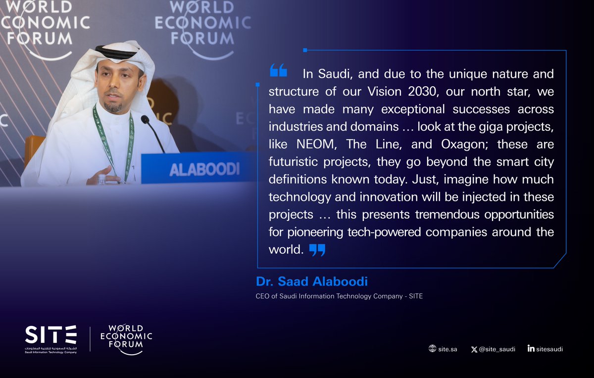 Dr. Alaboodi highlights #SaudiVision2030, driving tech innovation with projects like NEOM and The Line. A call to local and global tech pioneers to join in these unparalleled opportunities.
#WEF24
#SITE_SA
