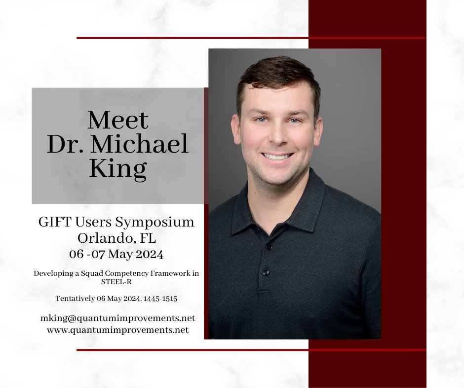 Dr. Michael King discusses considerations for developing a squad competency framework to guide battle drill performance assessment at next week's #GIFTSym 06-07 May!

#trainwithqic #training #competency #usarmy #battledrills #humanfactors #research  #giftsym2024
