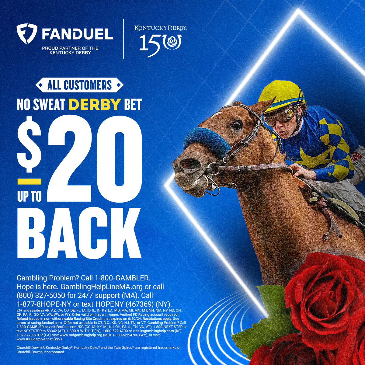 FanDuel is the only Sportsbook app where you can bet on the Kentucky Derby! 🐎 Place a single horse win wager on the Kentucky Derby and get up to $20 back as a racing bonus if you don't win! ➡️ bit.ly/FD-KYDerby150 | @FanDuel_Racing