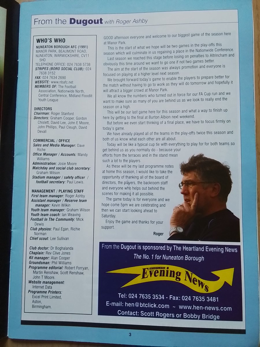 #onthisday 2006. (May Bank Holiday Monday). I attended Nuneaton Borough's National league North Play off semi final against @Droylsden_FC . The visitors won 1-0 . 2005 spectators were in attendance. When the @nlprogs went to print the opponents were unknown.