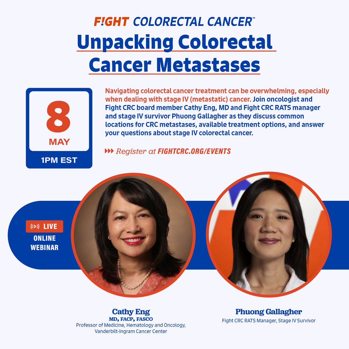 Navigating stage IV (metastatic) #ColorectalCancer treatment can be overwhelming. Join @CathyEngMD and @CancerInsider as they discuss stage IV #ColorectalCancer and answer your questions! fightcrc.zoom.us/webinar/regist…