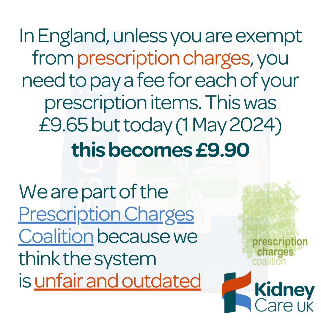 ❗It will now cost almost £10 for a single item on a prescription in England - for many working age ppl living with #CKD this is unaffordable. That’s why we’re supporting the @prescriptionCC in calling for an urgent review of the exemption list. More info: kidneycareuk.org/about-us/polic…