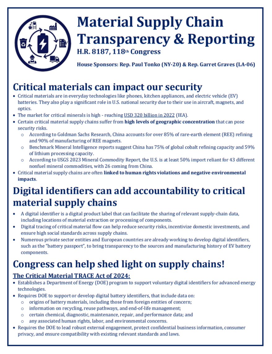 Creating digital battery identifiers would incentivize domestic investments while supporting a stable & ethical global supply chain. Today, @RepGarretGraves and I introduced our Critical Material TRACE Act to set these identification systems & secure supply chain transparency.