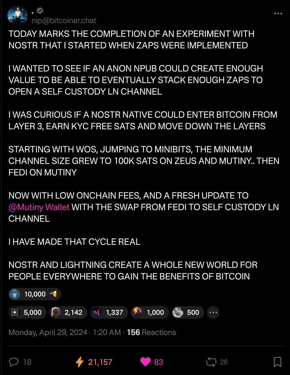 Such an encouraging post. Start out with 0, get enough sats to open a channel. With our recent Fedimint integration, you can start and finish this process all within Mutiny. A perfect onboarding tool.