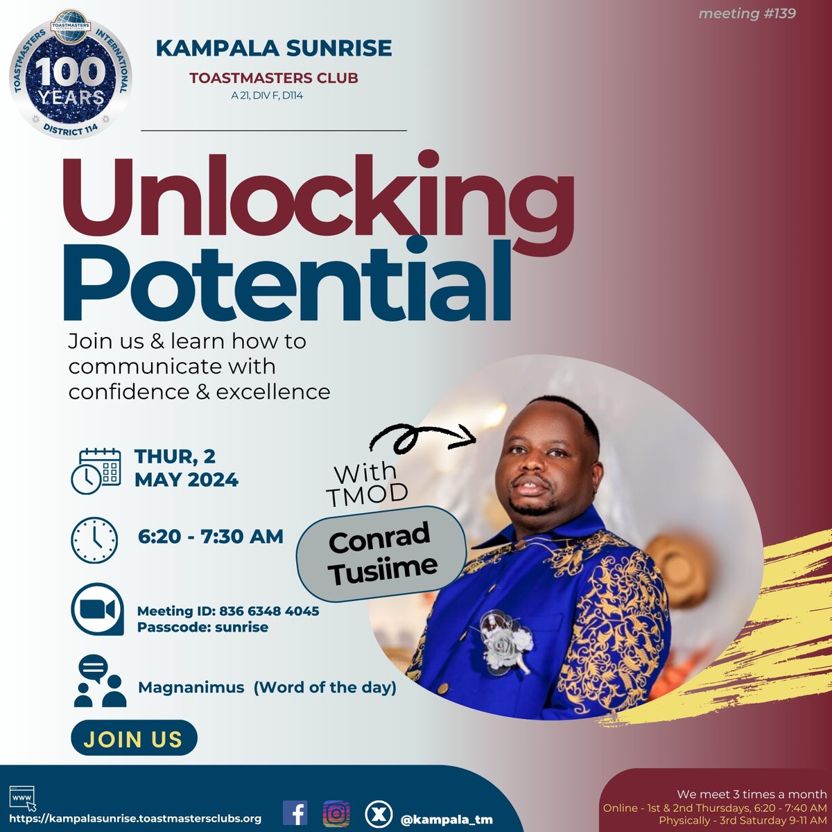 Unlocking Potential in a few hours - MISS ONLY IF YOU MUST!!

ALSO: please be a friend to your friends & let them know! 🔥💥🌹

@BukotoTM1
@LubowaTM1
@ClubMuyenga
@KampalaTM
@KampalaSouth
@KampalaExec_TM
@UNOC_UG
@StanChartUGA
@stanbicug
@BOU_Official
#Toastmasters #Mbarara