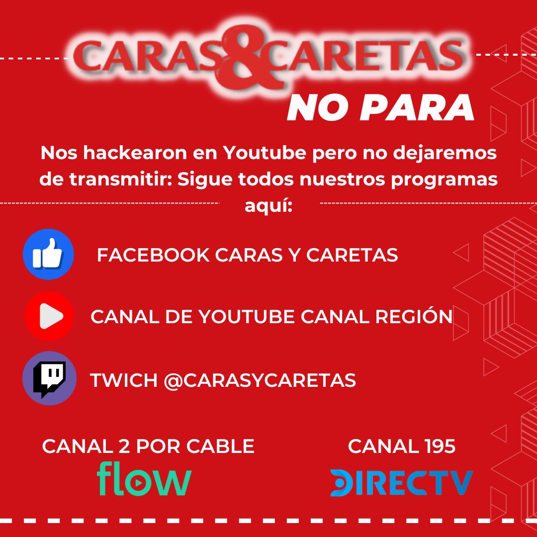 A pesar de que nuestro canal de Youtube ha sido hackeado, nosotros seguiremos con nuestra programación original. Todos nuestros programas podrán verlos a través de estos canales y plataformas. ➡️carasycaretas.com.uy