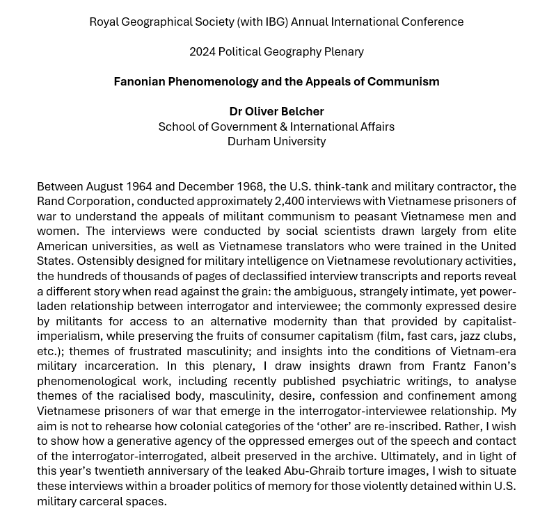 We are pleased to share that Dr. Oliver Belcher from @GeogDurham will deliver the 2024 Political Geography plenary at the @RGS_IBG Conference. The session will be chaired by @FilippoMenga and our three respondents will be @SaraFregonese, @malenehjacobsen and @Daanibhai