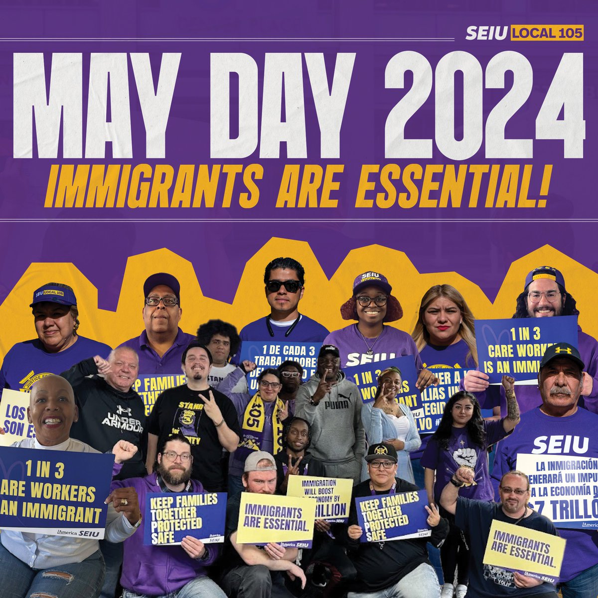 Happy #MayDay2024, 💜💛 As healthcare workers, janitors, airport workers, security officers, and other essential roles, people with Temporary Protected Status contribute BILLIONS to the U.S. economy each year. We're calling on @POTUS to protect immigrant workers! #TPSjustice