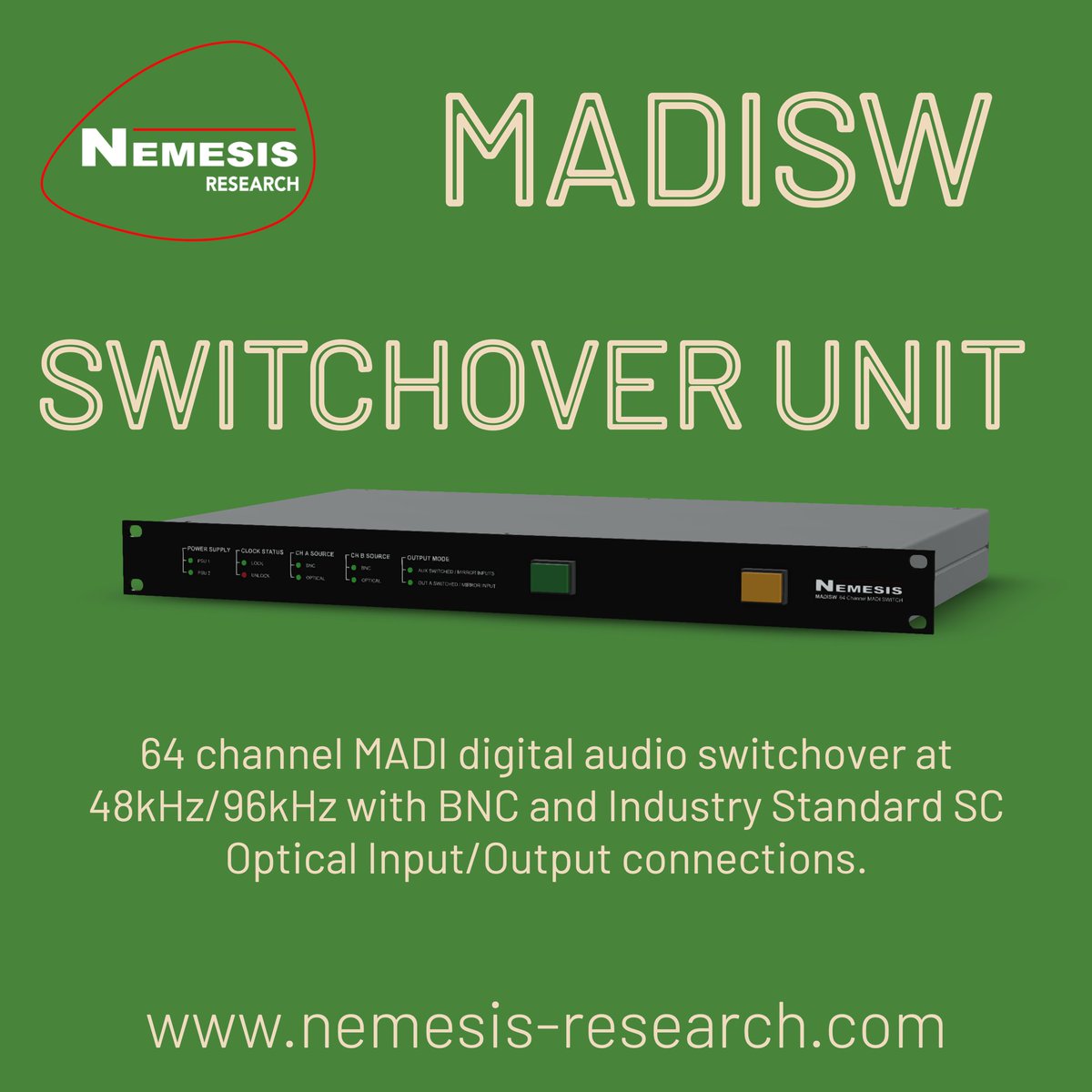 The Nemesis MADISW 64 channel digital audio switchover unit is a reliable way to switch between two MADI sound sources.

More info here:- nemesis-research.com/madisw

#NemesisResearch #ShowControl #ProductionTools #BackupSolutions