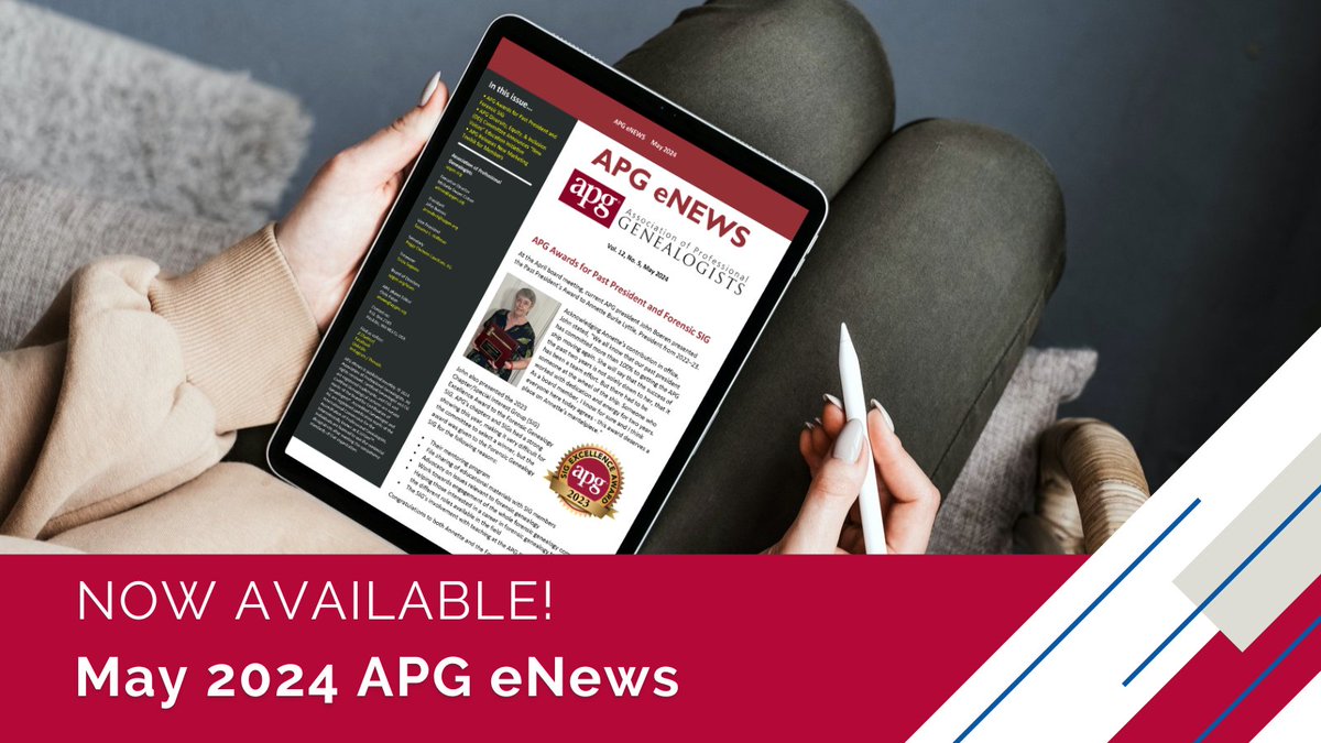 The May 2024 APG eNews is now available! In this issue: Golden Chapter/SIG Excellence Award winner; Register of Qualified Genealogists Conference; “New Voices” Education Initiative; New marketing toolkit for members; and much more! Read the May eNews at apgen.org/cpages/enews