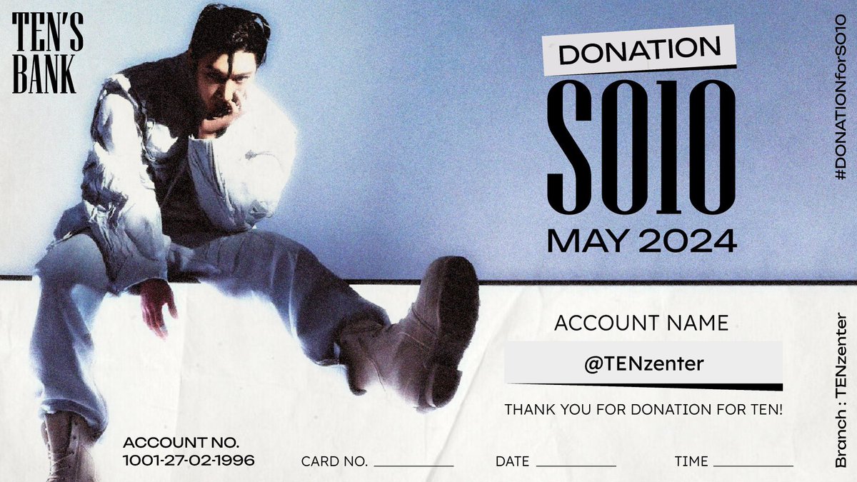 ขอเชิญชวนแฟนๆ ของเตนล์ทุกท่านร่วมออมเงินให้ #เตนล์ ในโปรเจ็กต์ #DONATIONforSO10 ประจำเดือน พฤษภาคม 2567 ผู้โดเนทจะได้รับ Thank You Card เดือน พฤษภาคม เป็นที่ระลึกค่ะ 📌กรุณากรอกแบบฟอร์มและเช็คอีเมลตอบกลับด้วยนะคะ ขอบคุณทุกท่านที่สนับสนุนเตนล์ค่ะ🥰 #TEN #NCT텐 #TENLEE