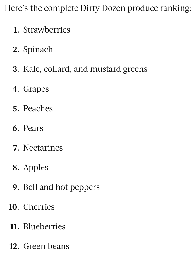'For items on the EWG's Dirty Dozen, a whopping 95% of samples contain pesticides. Among those pesticides, the fungicides fludioxonil, pyraclostrobin, boscalid, and pyrimethanil represent 'four of the five most frequently detected chemicals'.”