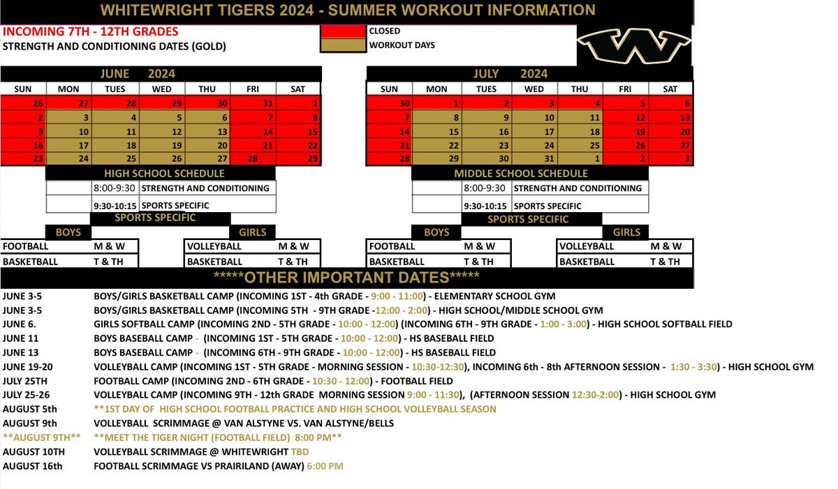 2024 Summer Strength and Conditioning Schedule.