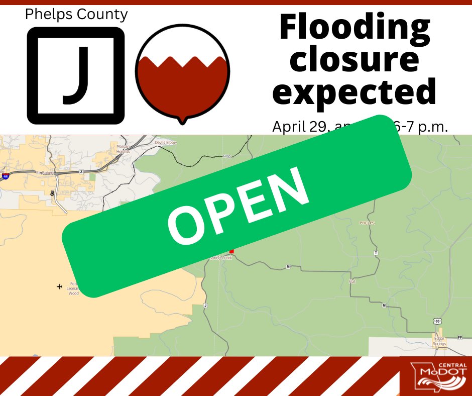 Good news: Phelps Co Rte J, north of Rte M, has reopened as floodwaters from the Big Piney River have receded. It had been closed since the evening of April 29.