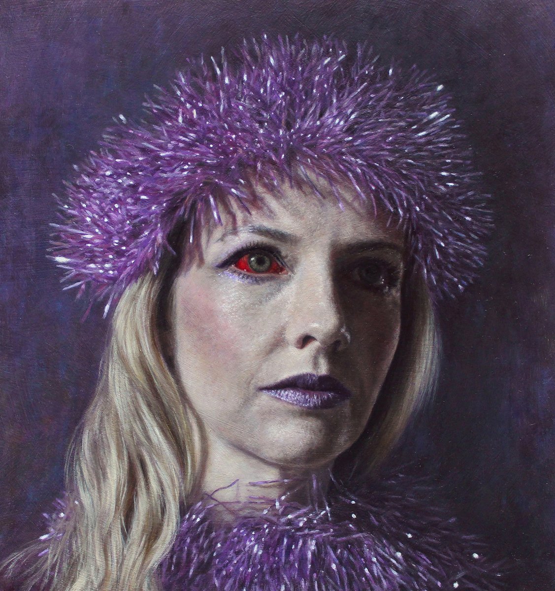 Queen of the Eyesores Oil on board 7.5 x 8 inches Self-portrait with subconjunctival haemorrhage and tinsel crown, inspired by a line in a song by The Shins. #theshins #newslang