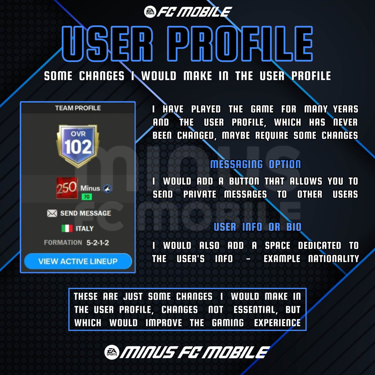 Sometimes the details make the difference, and while there's a lot more to Fix, I think an Upgrade like this to the User Profile would be much appreciated. What do you think about the possibility of sending DM within the Game? #FCMobile