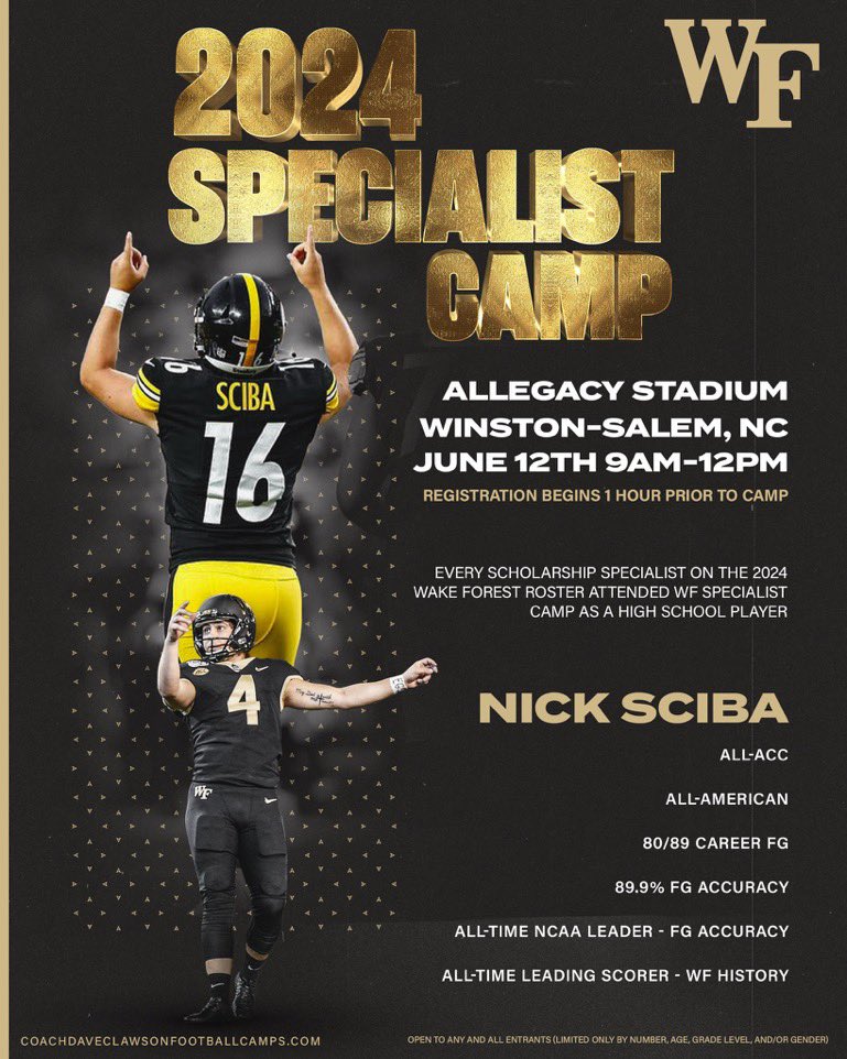 I’m very excited to compete at the Wake Forest specialist camp in his summer! Thank you @WayneLineburg for the invite! @_Mike_McCabe @OneOnOneKicking @coachjlovelady @RecruitGeorgia @MCFootballCoach @MC_Recruiting @thedawsonzim