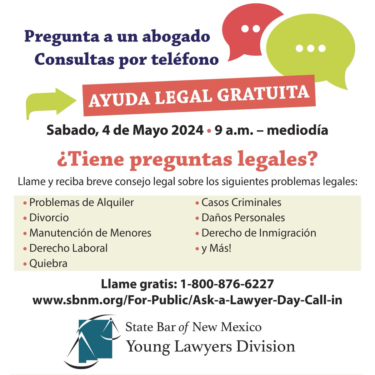 Law Day, held annually on May 1, is a national day set aside to celebrate the rule of law. The New Mexico Young Lawyers Division celebrates Law Day each year by hosting the Ask-A-Lawyer Call-in Program the first Saturday of May. 
#lawday #lawday2024 #voicesofdemocracy