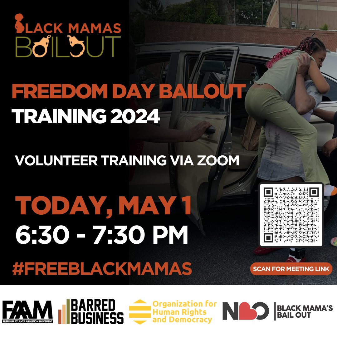 📢 Calling all volunteers! Join us TODAY, MAY 1, for a crucial training session from 6:30 PM to 7:30 PM! 

Scan the QR code or use bit.ly/bmbo-training-… to join the Zoom meeting.

#BlackMamasBailout #VolunteerTraining #CommunityAction #SocialJustice