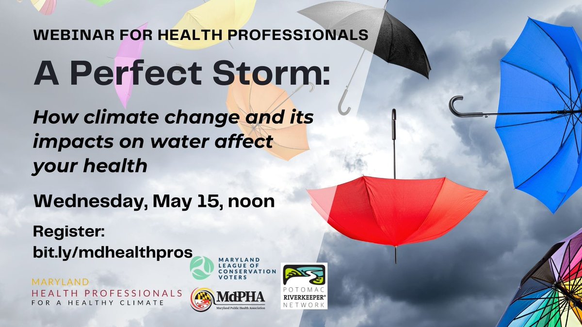 Mark your calendar! Don't miss this webinar at noon, May 15, about how #ClimateChange 🌍 and water intersect to impact your health.
@PotomacRiver @NatalieGExum  @MDLCV @Md_PHA  Register today!
bit.ly/mdhealthpros