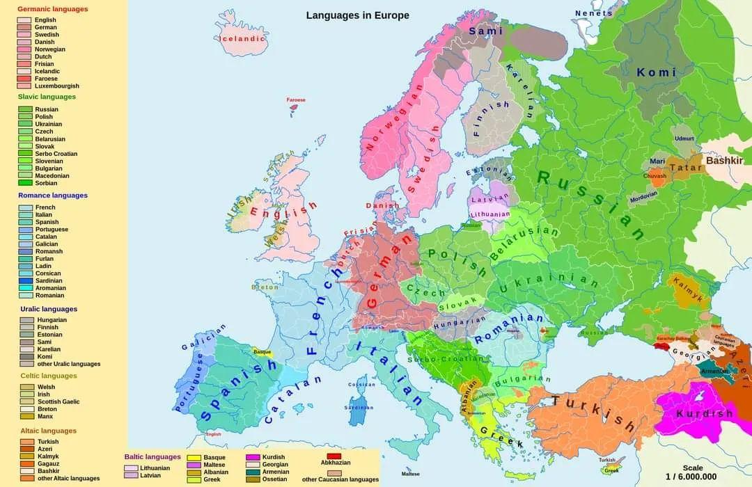 A color-coded map of languages used throughout Europe.