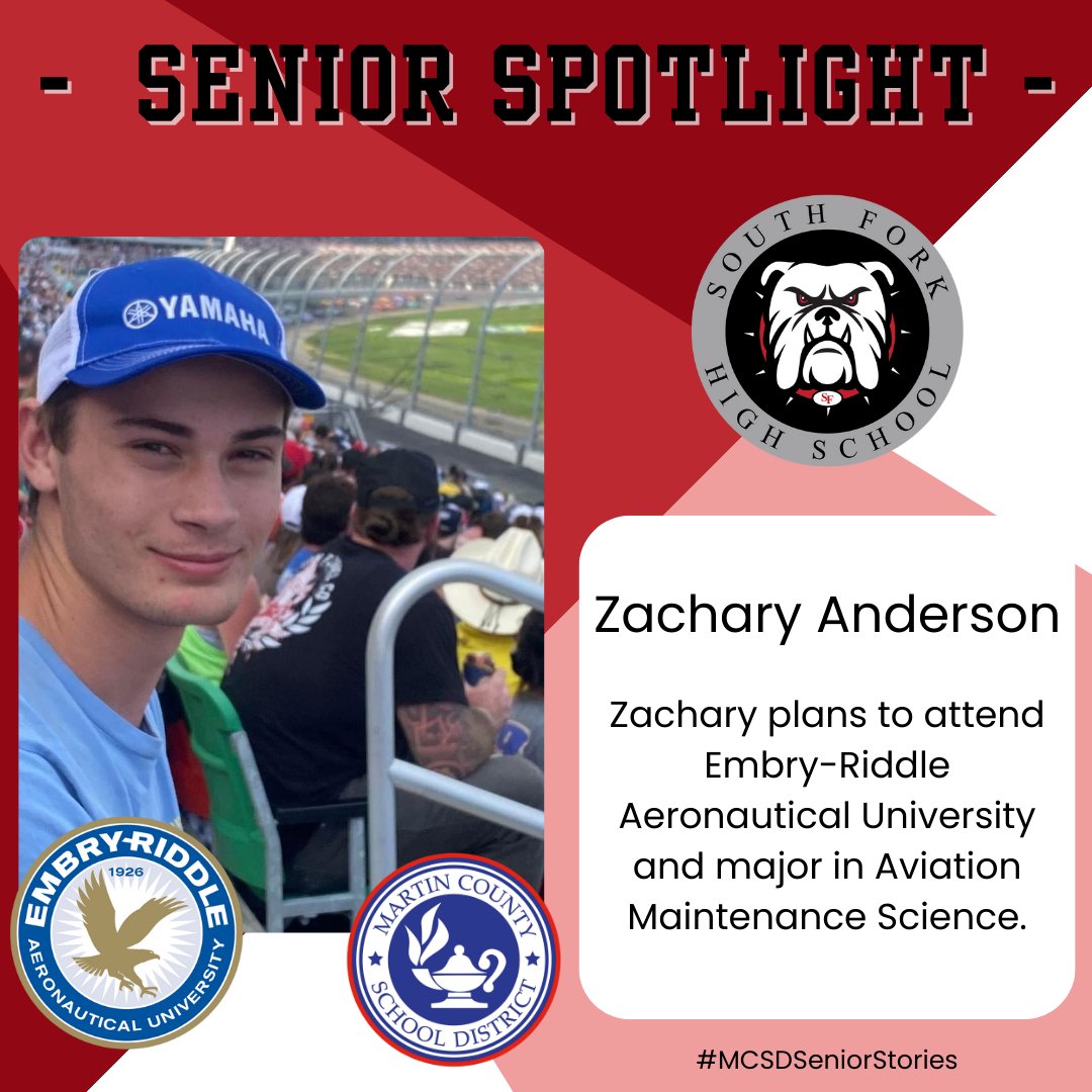 🎓#MCSDSENIORSTORIES🎓

This morning, we are shining a spotlight on @wearesouthfork senior Zachary Anderson!

Zachary plans to attend @EmbryRiddle and study aviation maintenance science.

🎉Congratulations, Zachary!🎉

#ALLINMartin👊 #PublicSchoolProud #Classof2024