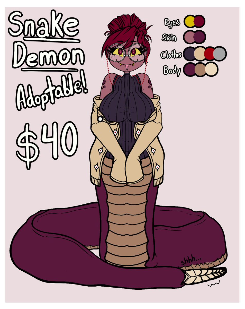 felixschmeelix's tweet photo. SNAKE DEMON LADY #ADOPTABLE! DM IF INTERESTED!
only $40 USD for this sweet little serpent
She's a librarian that hushes with shake of her rattlesnake tail, and possibly put them away in her stomach if they're too loud π
#adopt #snakesona #fursona #oc #Naga #vore #voreadopt https://t.co/pvh29uylbn