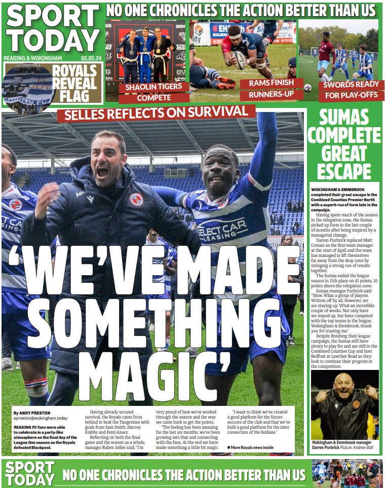 🗞️𝐓𝐎𝐌𝐎𝐑𝐑𝐎𝐖'𝐒 𝐒𝐏𝐎𝐑𝐓 💙 #ReadingFC celebrate 🍊 @wokingham_sumas complete great escape ⚽️ @berkscountyfc @EversleyCaliFC @ReadingCityFC prepare for play-offs 🏉 @Rams_RFC finish runners-up 🏆 Royals Women U21s celebrate success #TomorrowsPapersToday