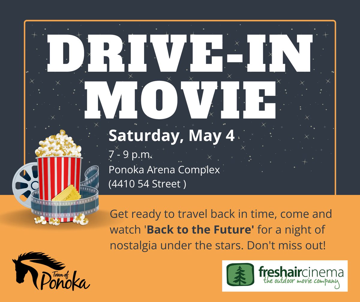 Join us at the Ponoka Arena Complex (4410 54 Street) tomorrow, on Saturday, May 4 at 7 p.m. to watch ‘Back to the Future’ for a night of nostalgia under the stars. Admission is free and parking spots are on a first-come, first-served basis. Don't miss out!