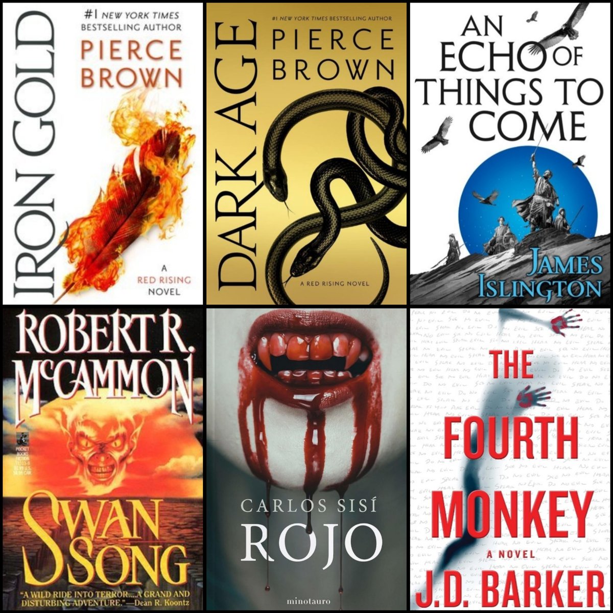 #TBR Maig Ebooks📱 & Audiobooks 🎧

Iron Gold
Dark Age 
(Red Rising #4 #5)
@Pierce_Brown
@DelReyBooks

An Echo of Things to Come (Licanius #2)
#JamesIslington 
@orbitbooks

Swan Song
@MacCammon
#OpenRoad

Rojo
@carlossisi
@minotaurolibros

Fourth Monkey
@jdbarker
@HarperCollins