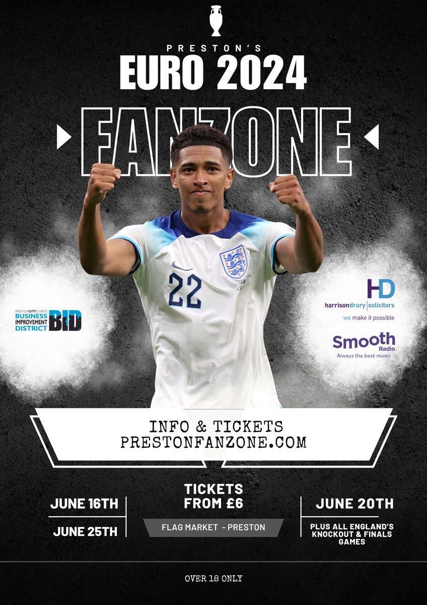 In association with @HDSolicitors, with support from @SmoothNorthWest, we're delighted to be bringing the Euros Fan Zone back to #Preston, for 2024! For more information, and to grab tickets before the rush, head to: PrestonFanZone.com