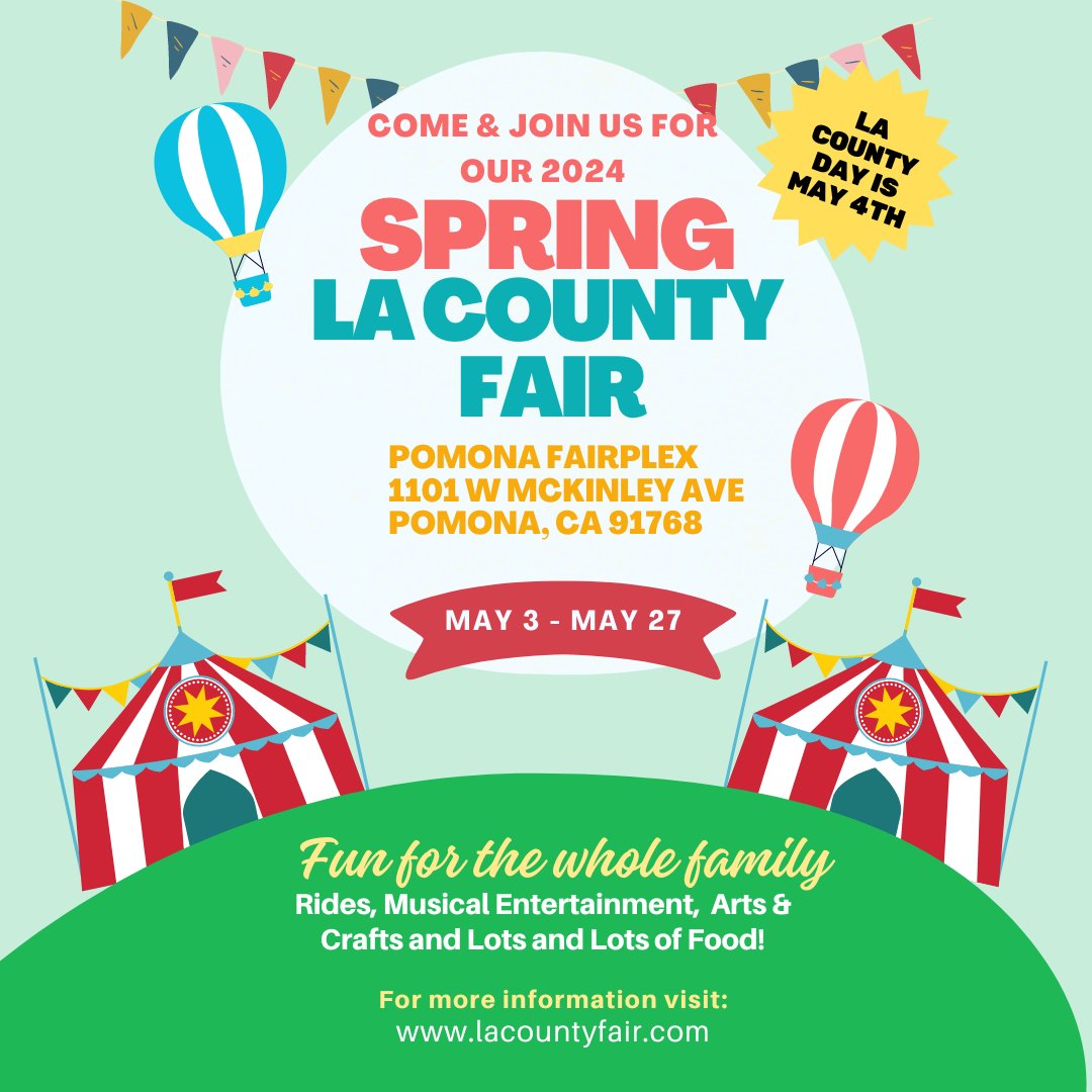 🎡🎶 Get ready to ride the wave of fun at @lacountyfair starting May 3! 🍔🎉 Don't miss out on fair foodie heaven, heart-thumping rides, and groovy tunes. 🌈💫#LACountyFair #SpringIntoFair #LACF2024 🌸