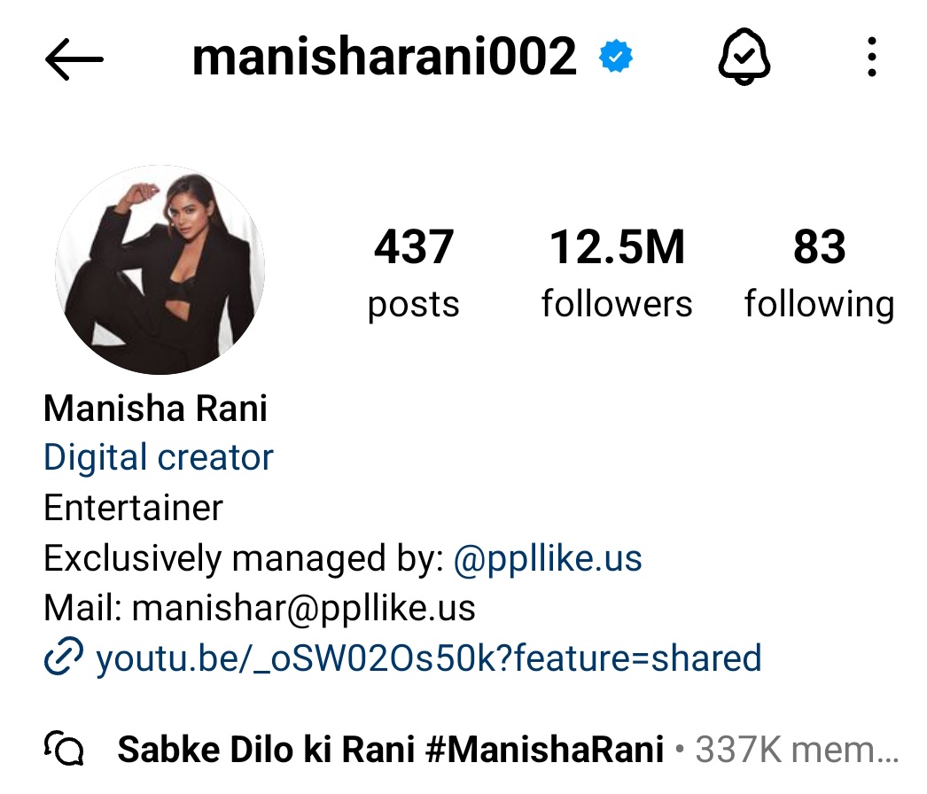 Congratulations 🎉 
@ItsManishaRani for 12.5 million followers on Instragram 

#ManishaRani
#OnlyManishaMatters