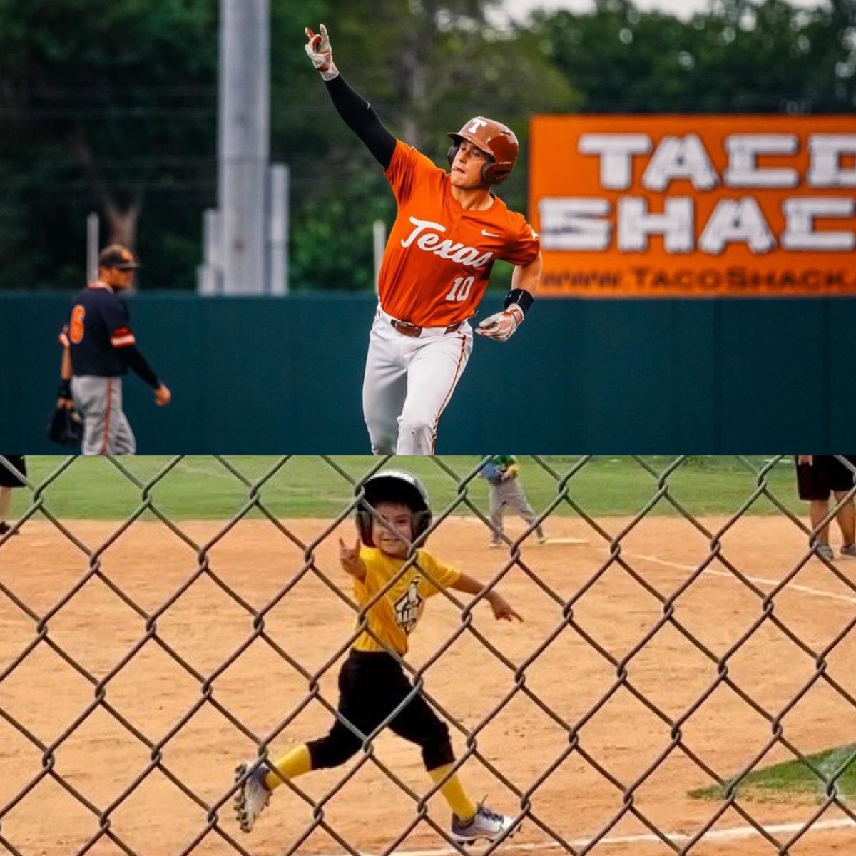 Crew always has his horns up when rounding the bases! My little longhorn! 

#HookEm 🤘🏽 
#TexasFight #HornsUp