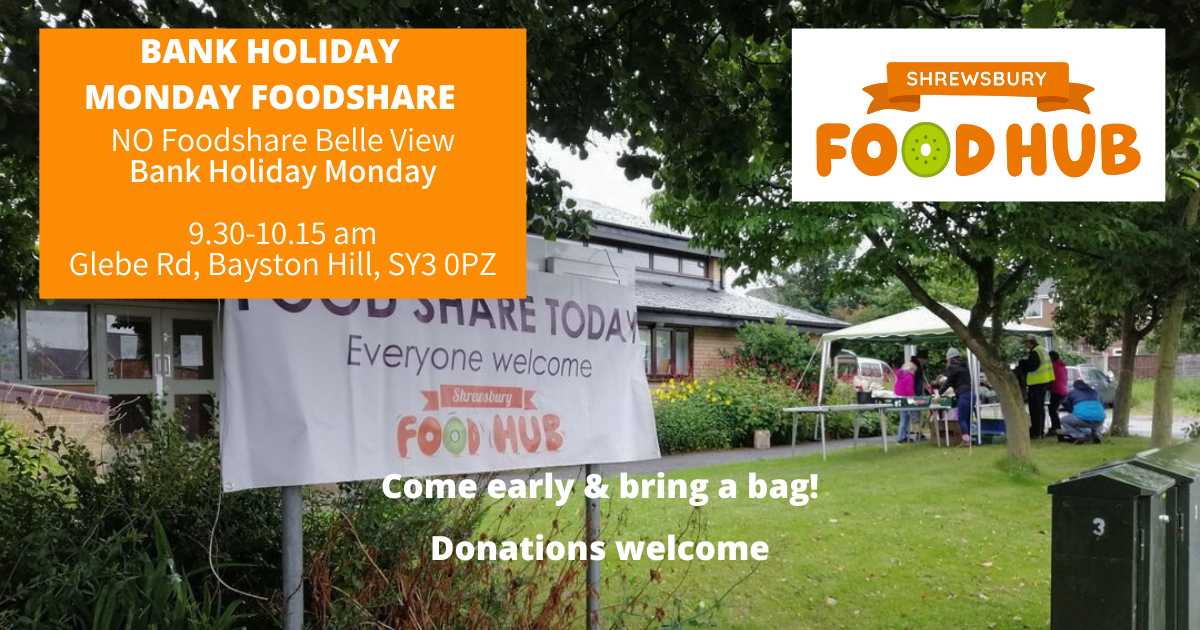 CHANGE TO BANK HOLIDAY FOODSHARE
No foodshare on Monday 6 May in Belle Vue
Back to normal Tuesday 7 May!
shrewsburyfoodhub.org.uk/foodshare-time…
#climateaction #foodwasteproblems #reduceemissions #volunteercommunity #communityvolunteers #volunteerwork
