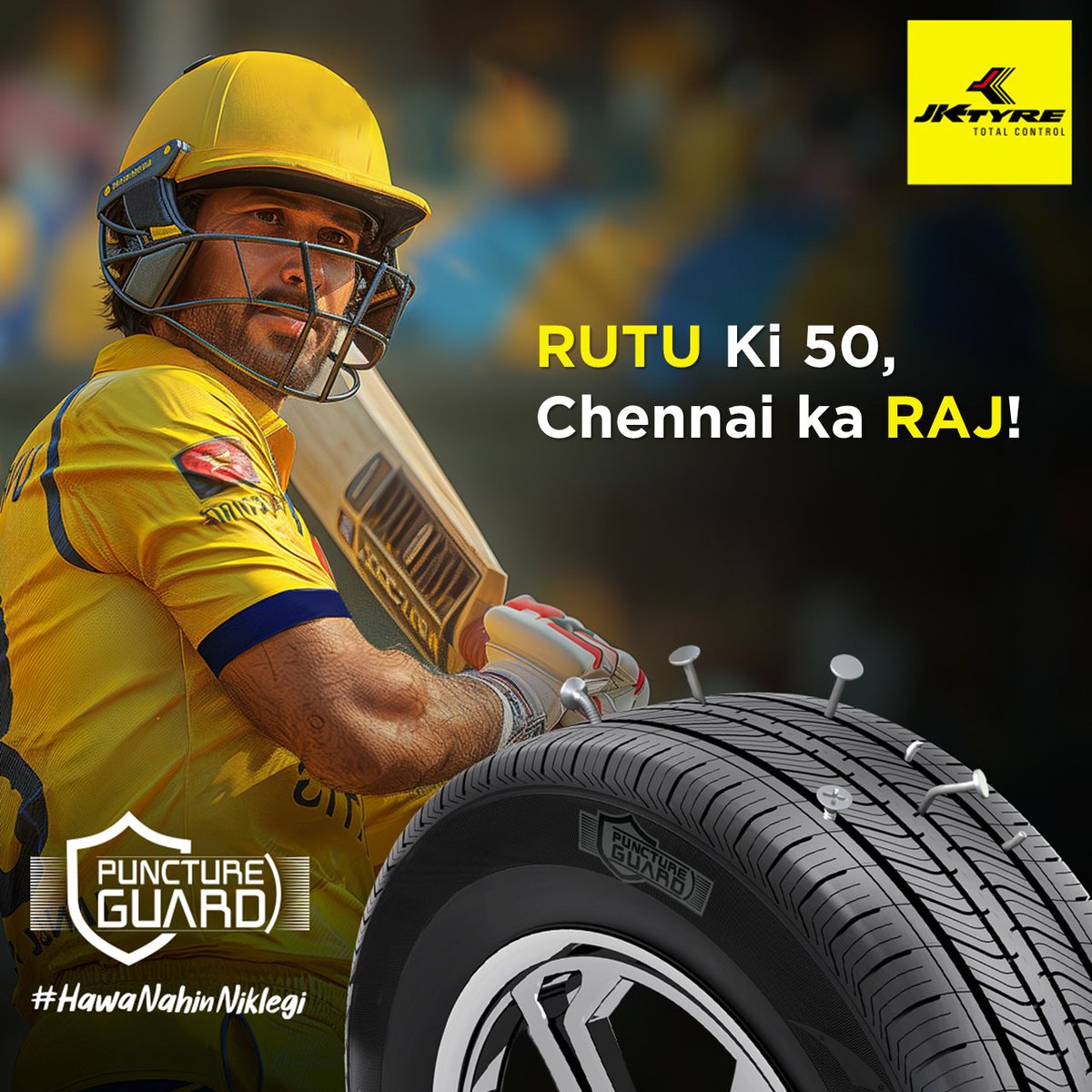 Captain leading from the front and protecting the team just like #PunctureGuard Tyre from JK Tyre that protects you from all the keels. Ab #HawaNahinNiklegi #JKTyre #IndianT20League #Chennai #Punjab