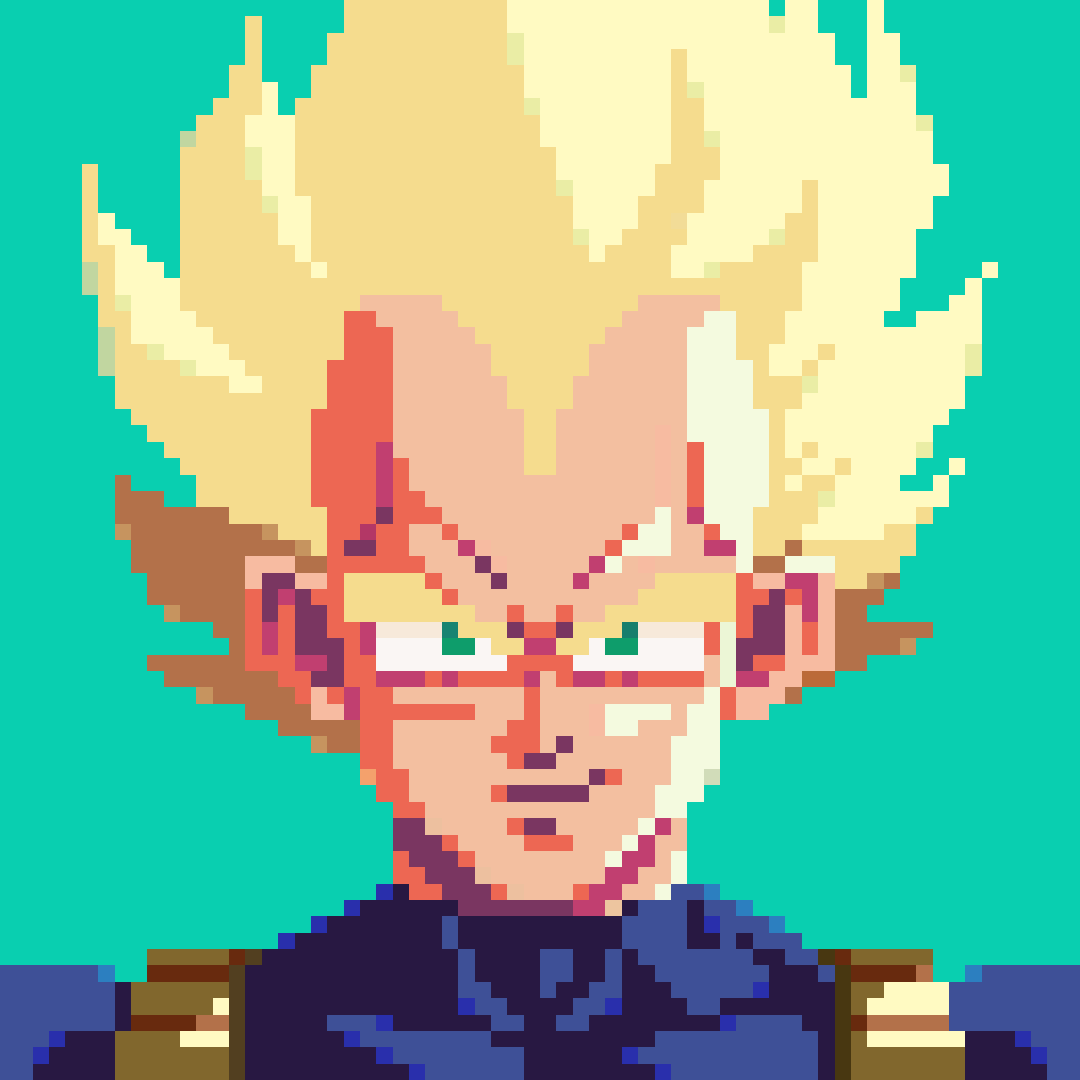 toasted_pixel's tweet photo. Super Sayan Vegeta. 

Akira Toriyama was one of my childhood inspirations for drawing. Seeing the #DragonBallSparkingZero trailer yesterday got me hyped for that release!

#Vegeta #DragonBallZ #pixelart #pixelartist https://t.co/PVo3Mj5B5L