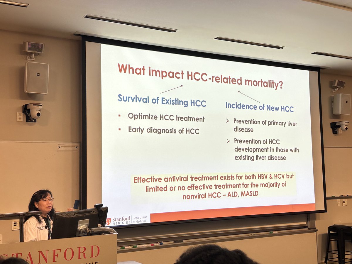 PaulYKwo's tweet image. Dr Mindie Nguyen discusses strategies to reduce HCC mortality at Stanford Medicine Grans Rounds.Earlier diagnosis and improved treatment options must be combined with prevention and treatment of primary liver diseases including ALD MASLD and viral hepatitis @Stanford_GI