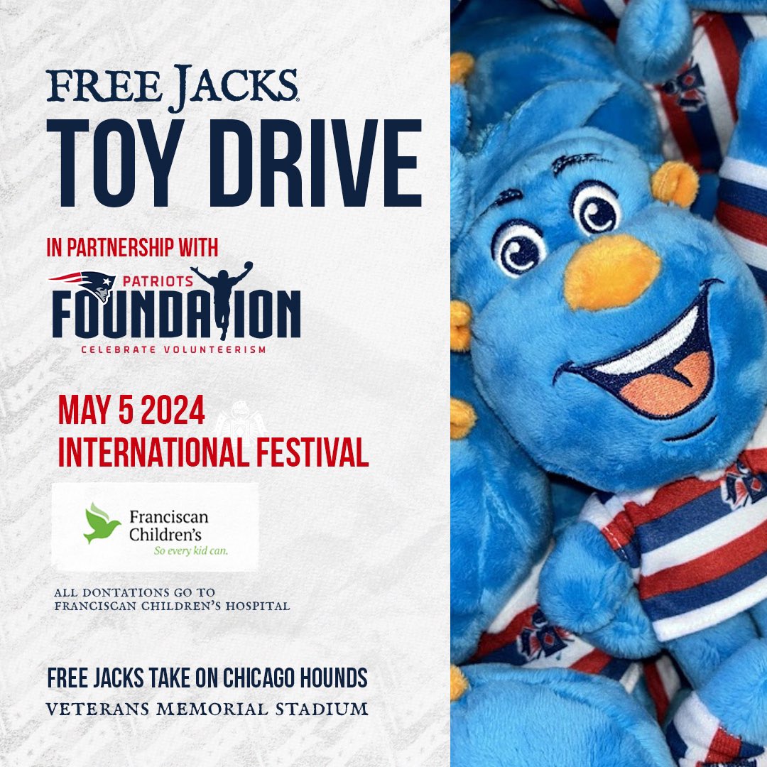 At this Sunday’s match we are running a toy drive in partnership with @PatsFoundation and to help bring joy to the patients of @BostonChildrens with donations of brand new toys! Read more at freejacks.com/news/title-joi…