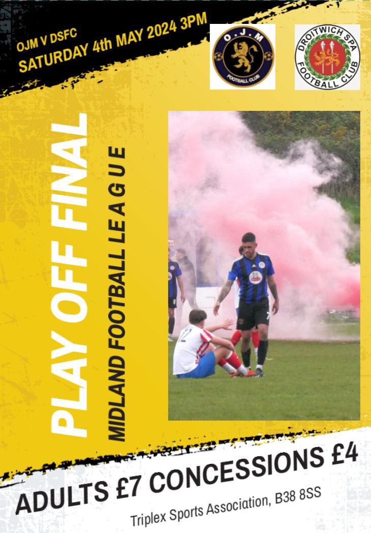 💥PLAY OFF FINAL WEEK💥 We host @DroitSpaFC at The triplex Staduim B38 8SS KO 3PM There will be a pop up bar pitch side drinks(bottles only)food and refreshments also available Admission Adults £7 Concessions £4 Get down there support the boys #UPTHEOJM 🟡🔵